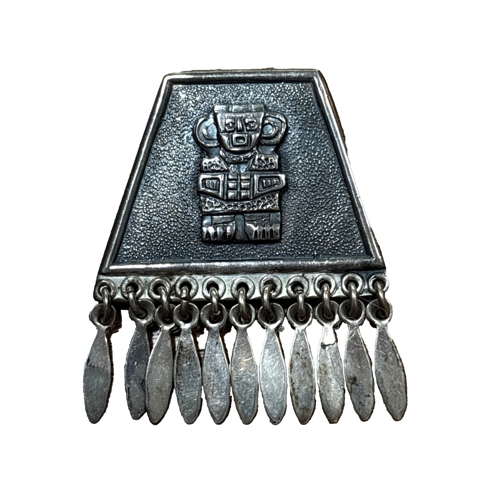 Vintage Peruvian Mexico Mayan Sterling Silver Brooch Warrior Motif with Tassels